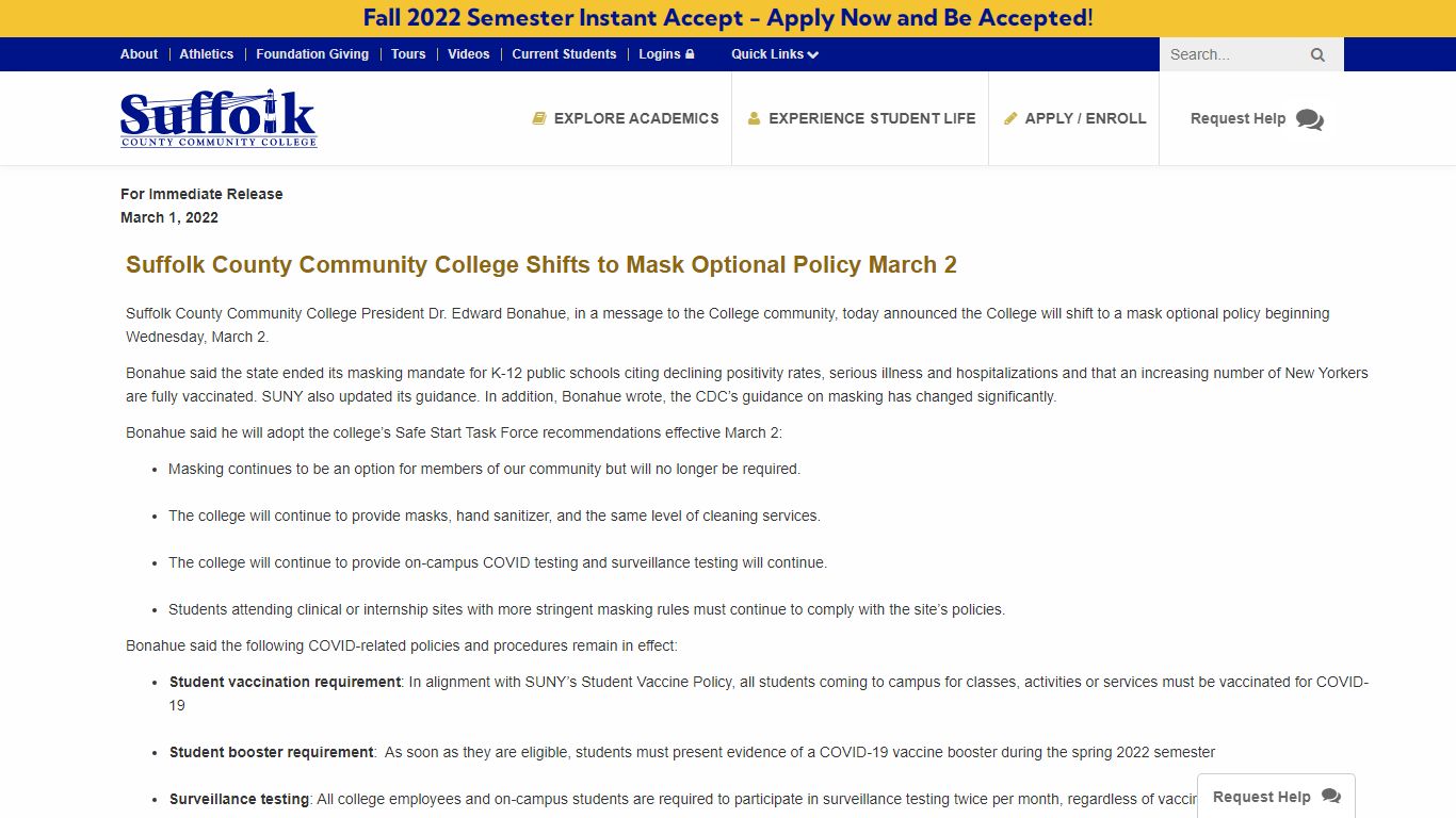 Suffolk County Community College Shifts to Mask Optional Policy March 2