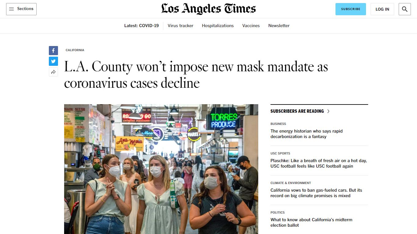 L.A. County won't impose new mask mandate as COVID cases drop - Los ...
